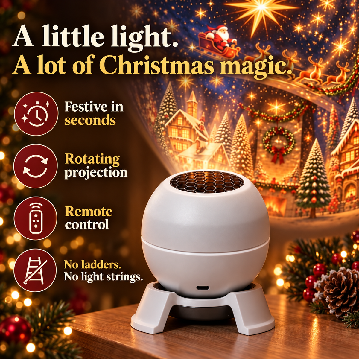 Mirvorazay projector with four benefits: quick setup, rotating projection, remote control, and no hanging light strings.